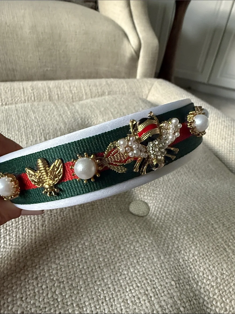 Pearl & Bee Embellished Green and Red Ribbon Headband